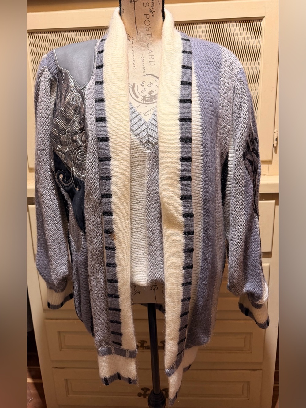 VTG Dino Valiano Patchwork Leather Knit 2pc Sweater Set